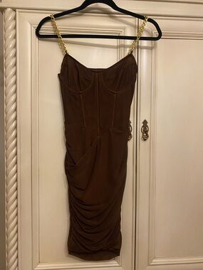 PrettyLittleThing Brown Ruched Midi Dress with Gold Chain Straps